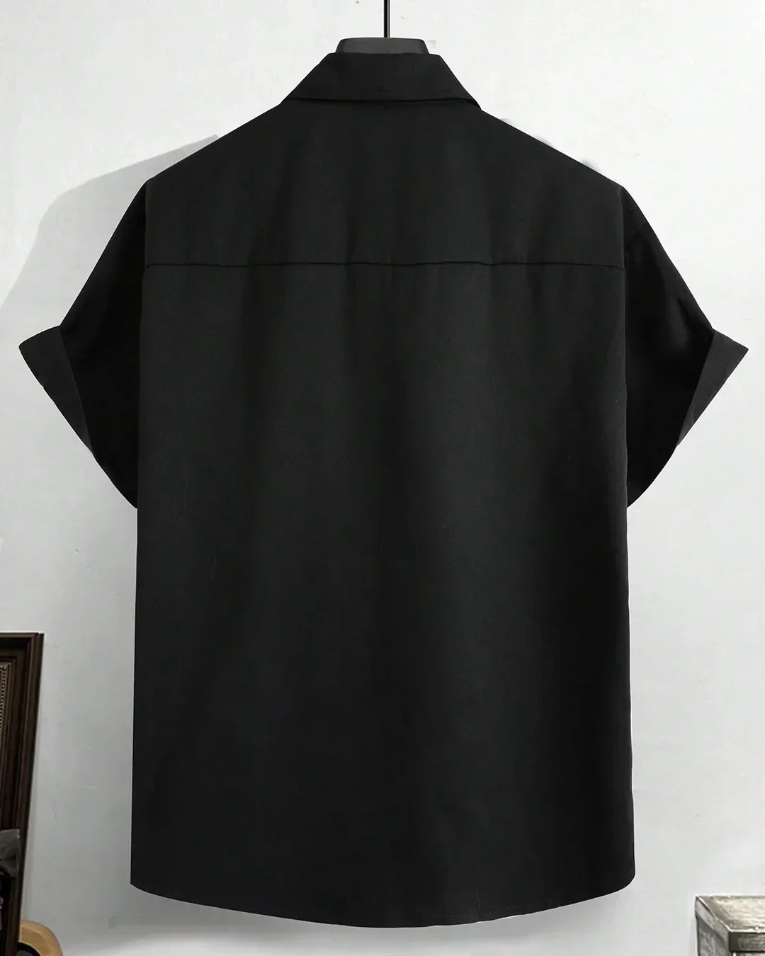 Men Black Zip Front Pocket Detail Short Sleeve Shirt