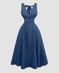 Blue V-Neck Button-Down Bow Back A-Line Midi Dress Curve & Plus