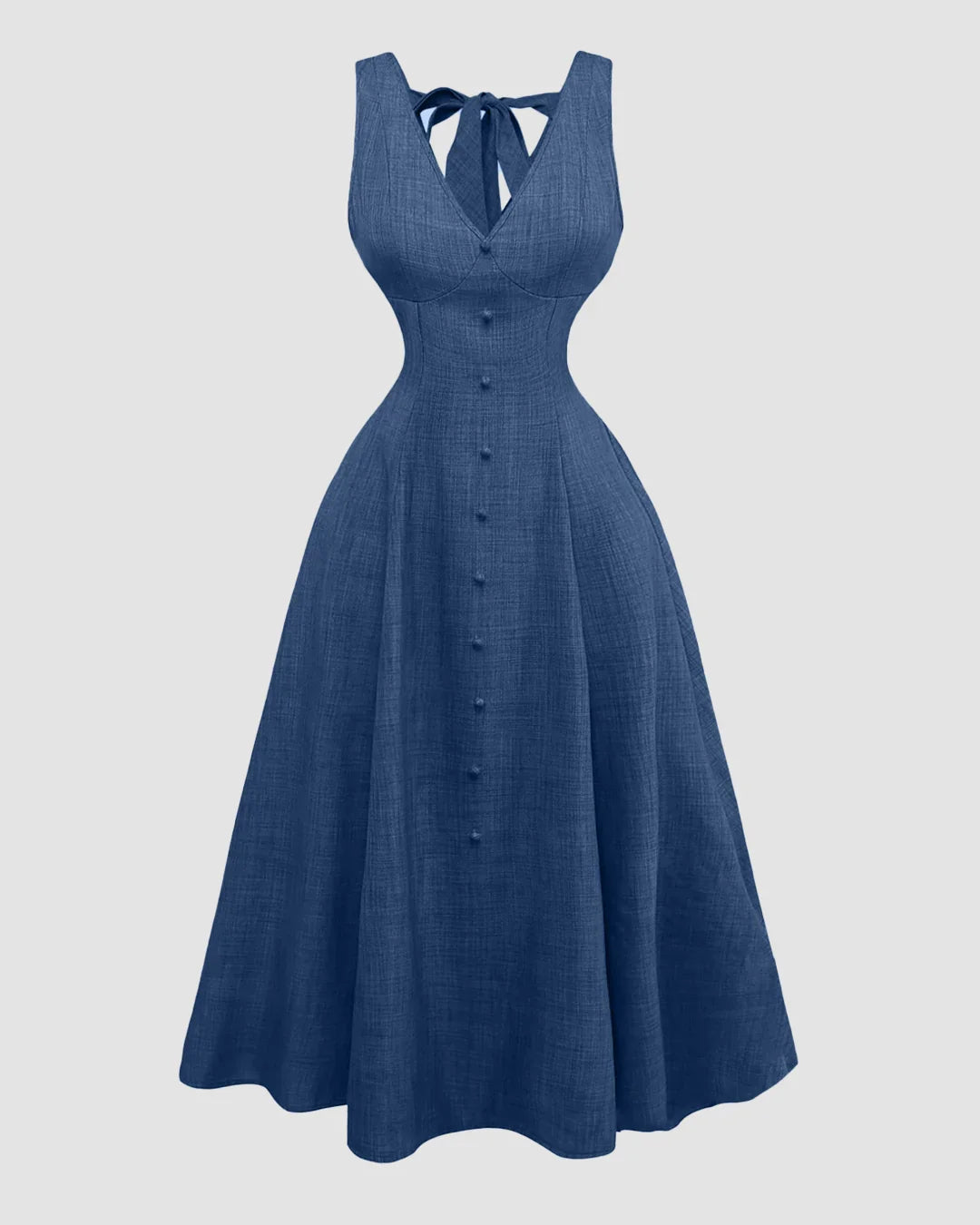 Blue V-Neck Button-Down Bow Back A-Line Midi Dress Curve & Plus