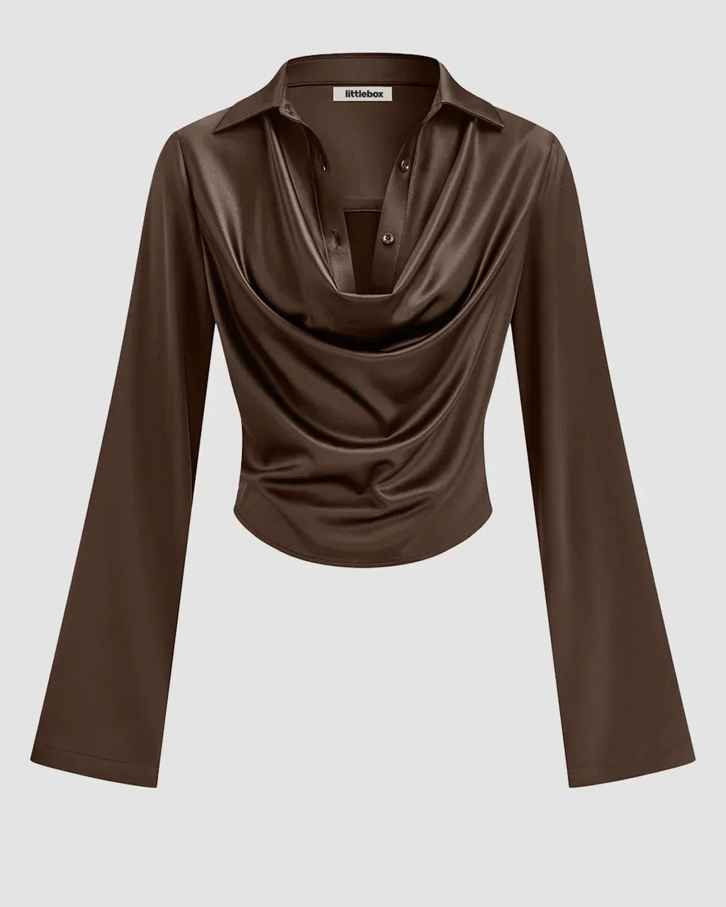 Satin Cowl Neck Long Sleeve Top in Brown