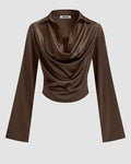 Satin Cowl Neck Long Sleeve Top in Brown