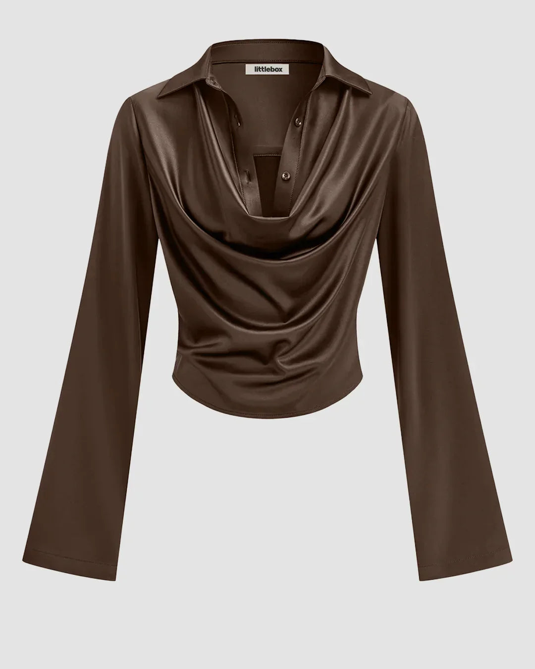 Satin Cowl Neck Long Sleeve Top in Brown