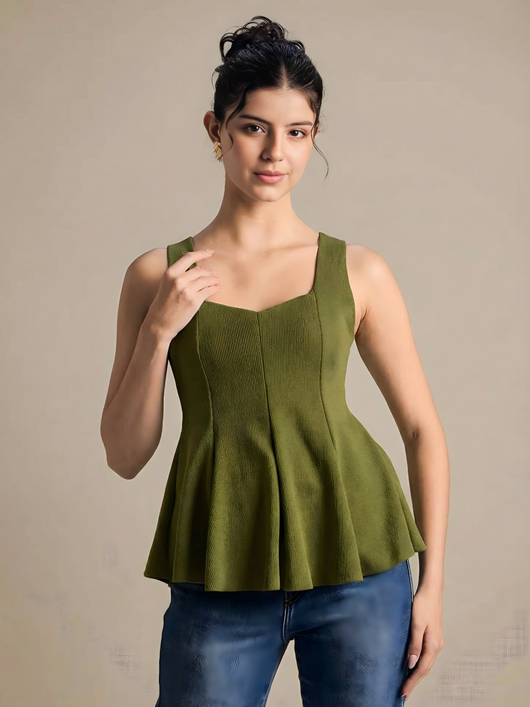 Stretchable Ribbed Peplum Top - Pinkkup