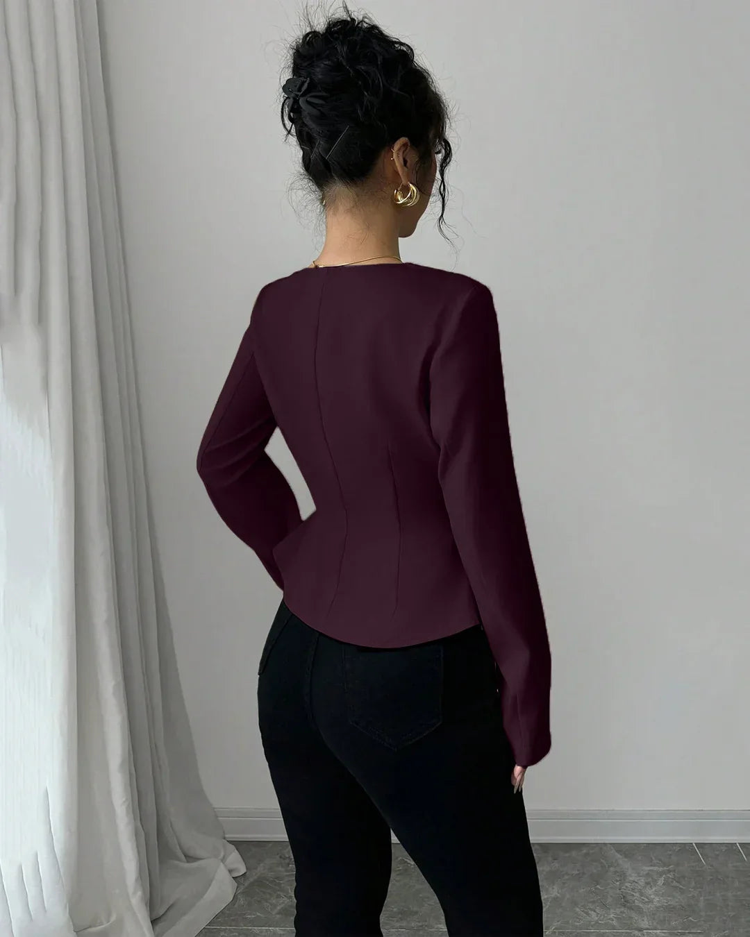 Rust Square Neck Buttoned Peplum Full Sleeve Top