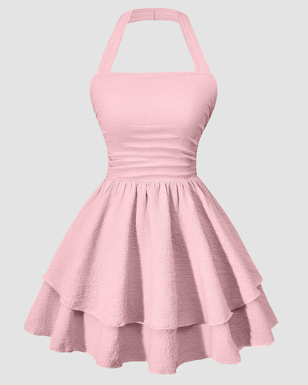 Halter Neck Ruched Waist Tiered Mini Dress in Baby Pink