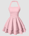 Halter Neck Ruched Waist Tiered Mini Dress in Baby Pink