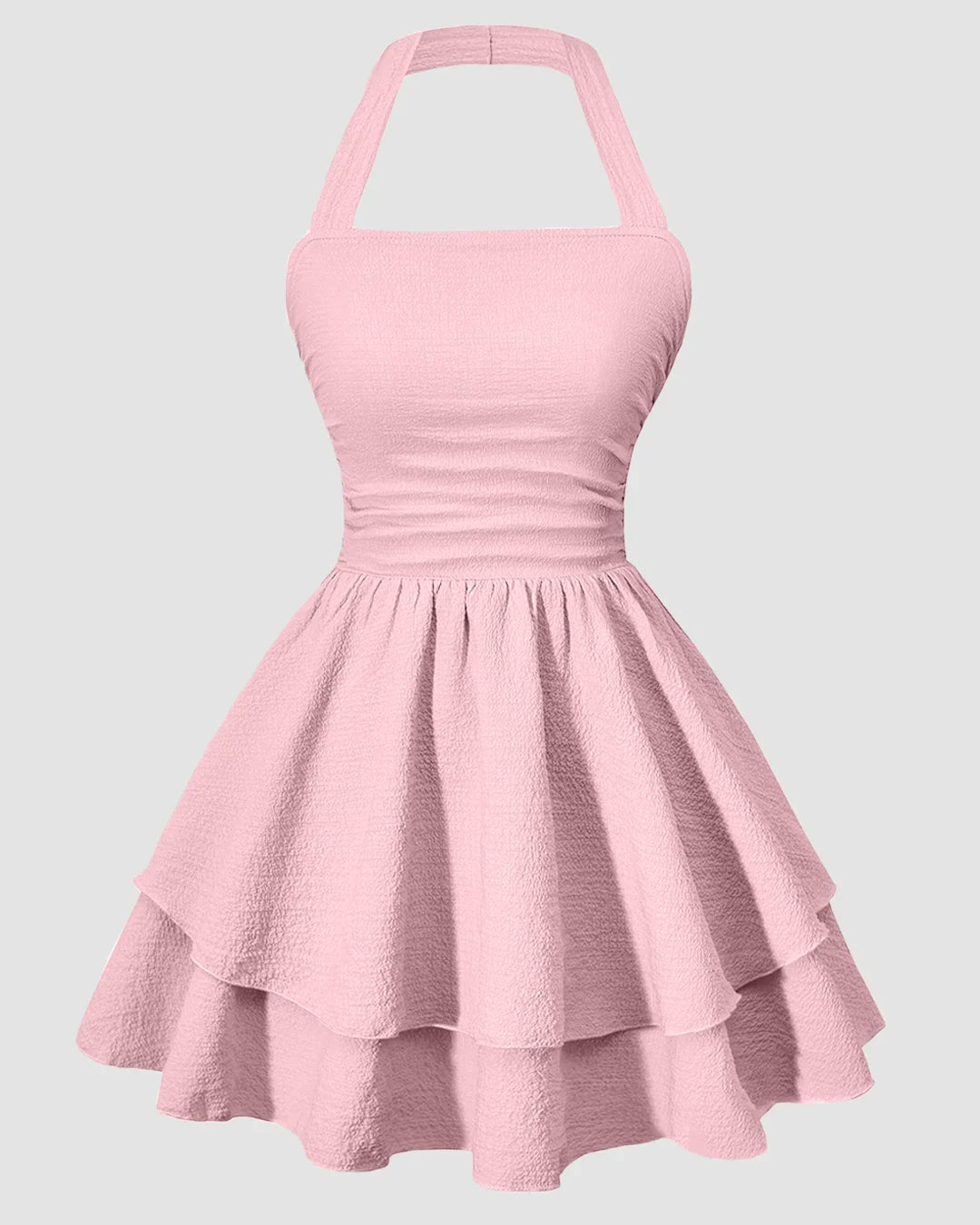 Halter Neck Ruched Waist Tiered Mini Dress in Baby Pink
