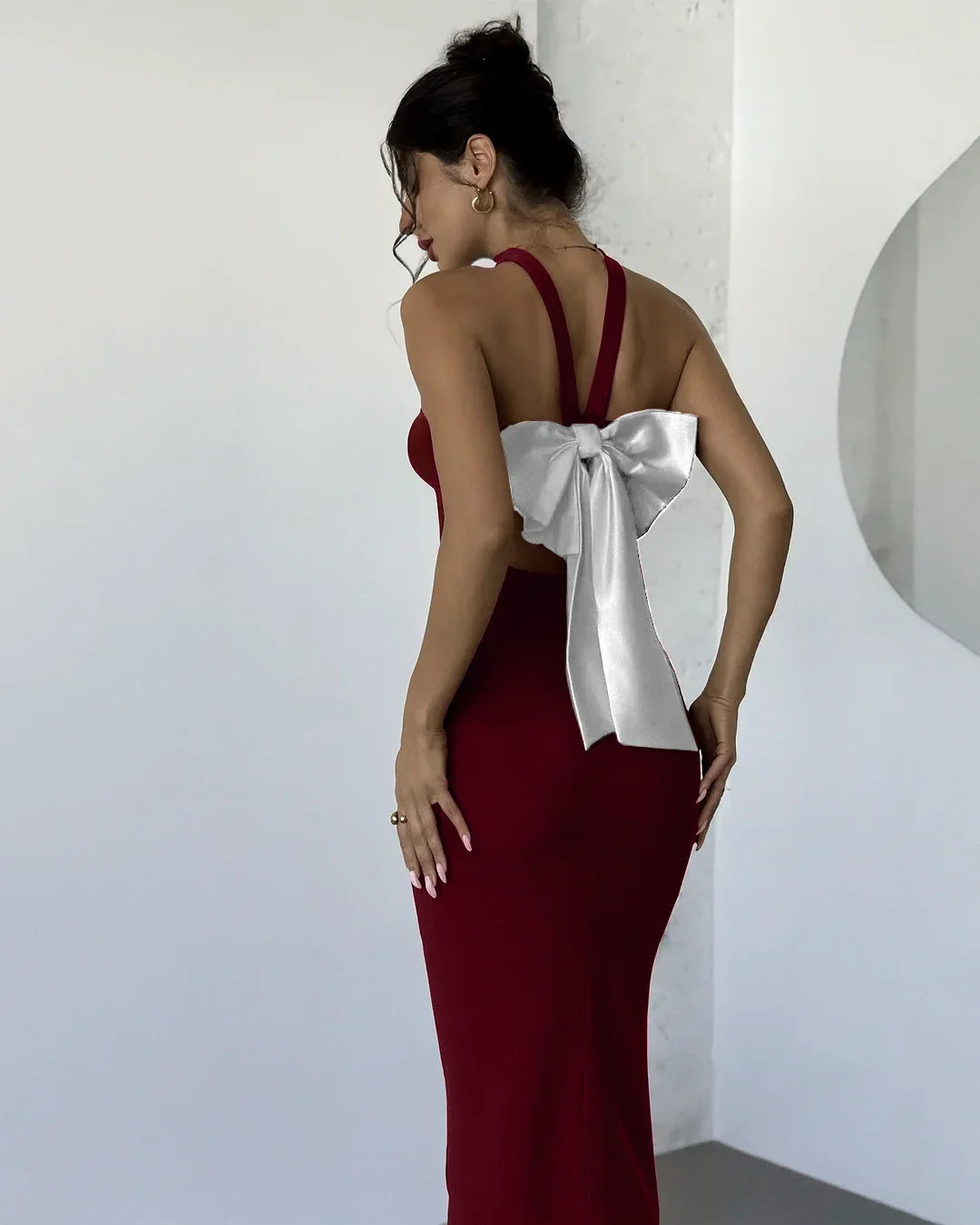 Slim Fit Backless Contrast Bow Tie Sexy Dress in Burgundy