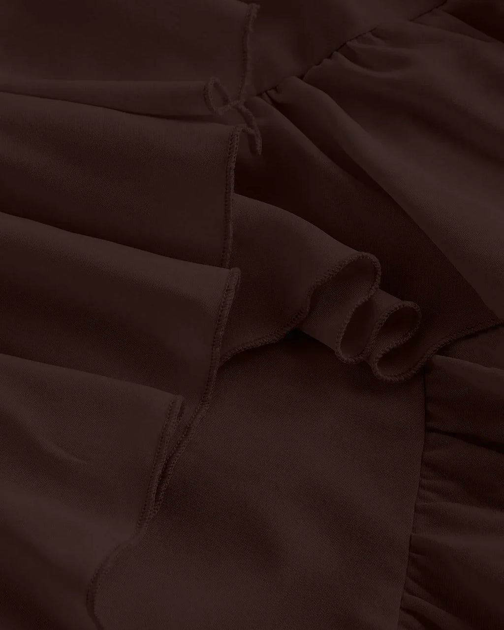 Chocolate Fondae Ruched Square Neck Ruffle High-Low Midi Dress with Ruffle Hem