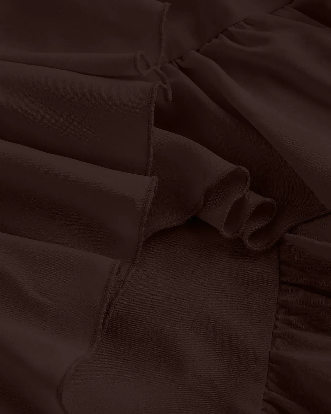 Chocolate Fondae Ruched Square Neck Ruffle High-Low Midi Dress with Ruffle Hem