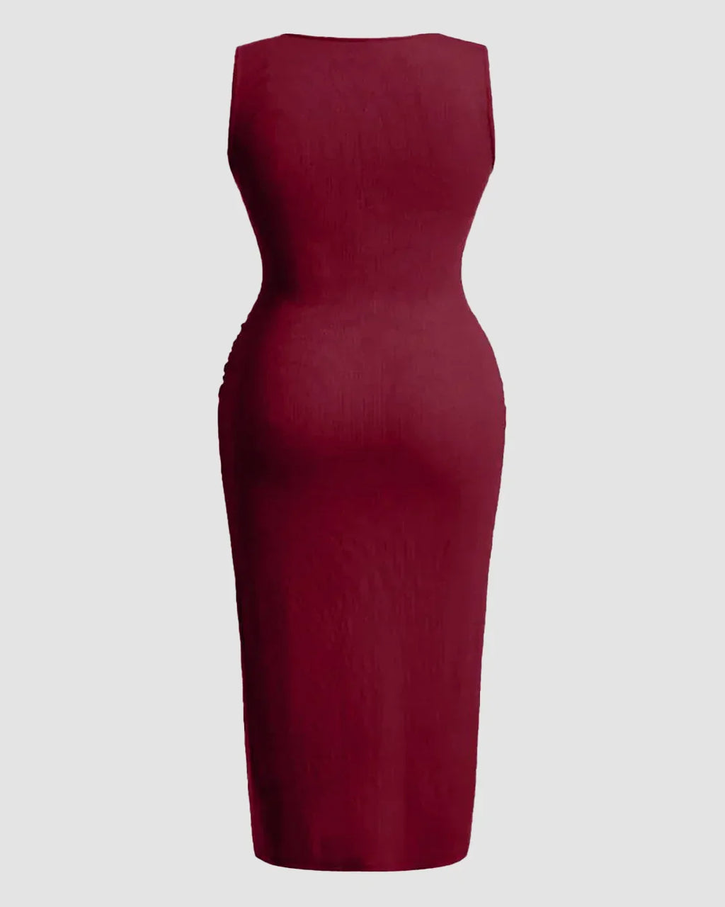 Solid Ruched Sleeveless Ribbed Knit Dress In Maroon Curve & Plus
