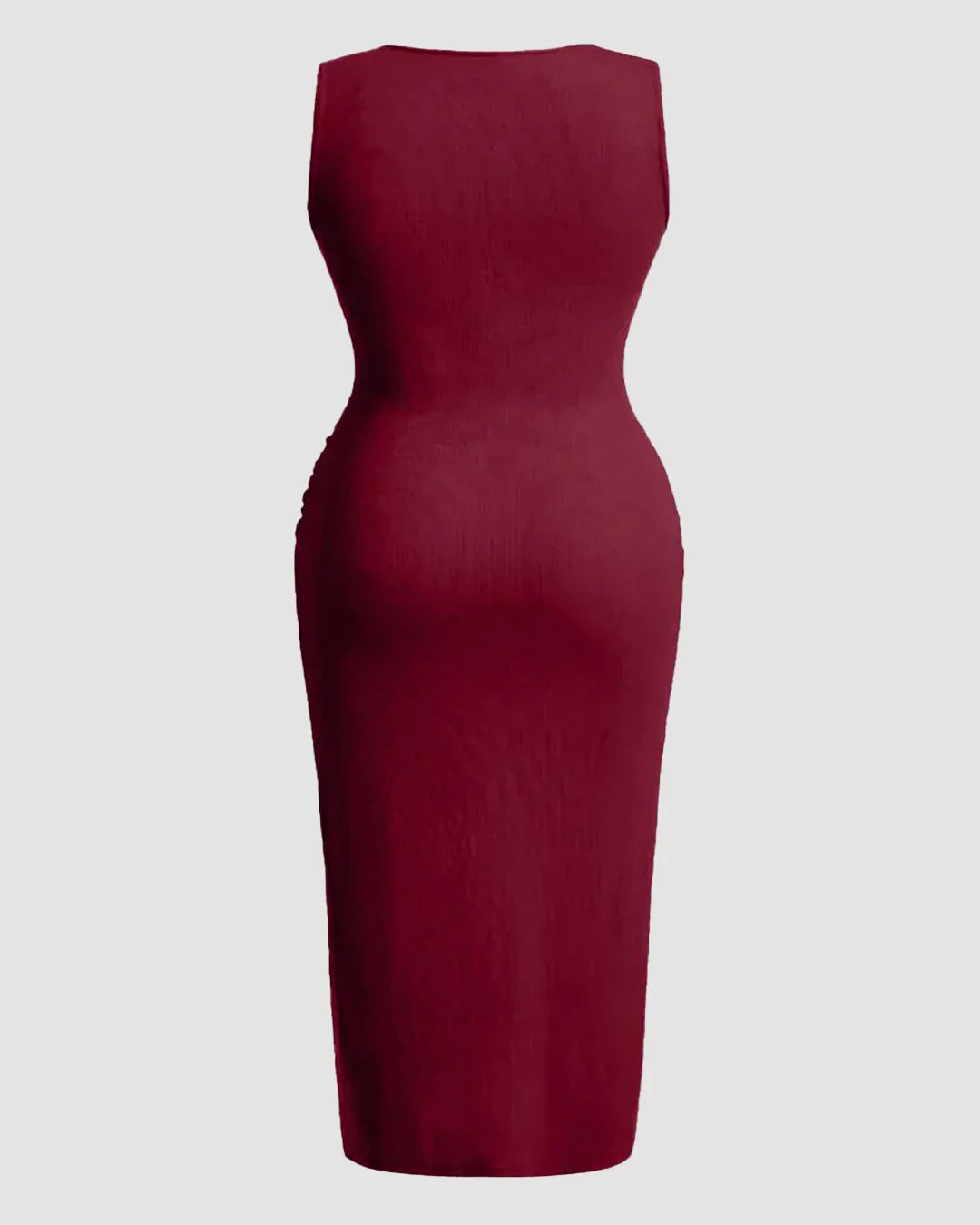 Solid Ruched Sleeveless Ribbed Knit Dress In Maroon Curve & Plus