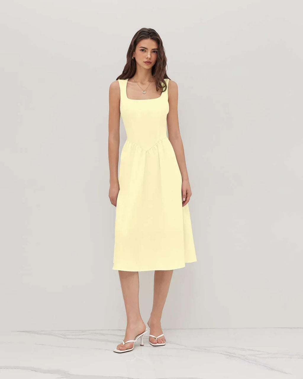 Sleeveless Square Neck Fit & Flare Midi Dress in French Vanilla