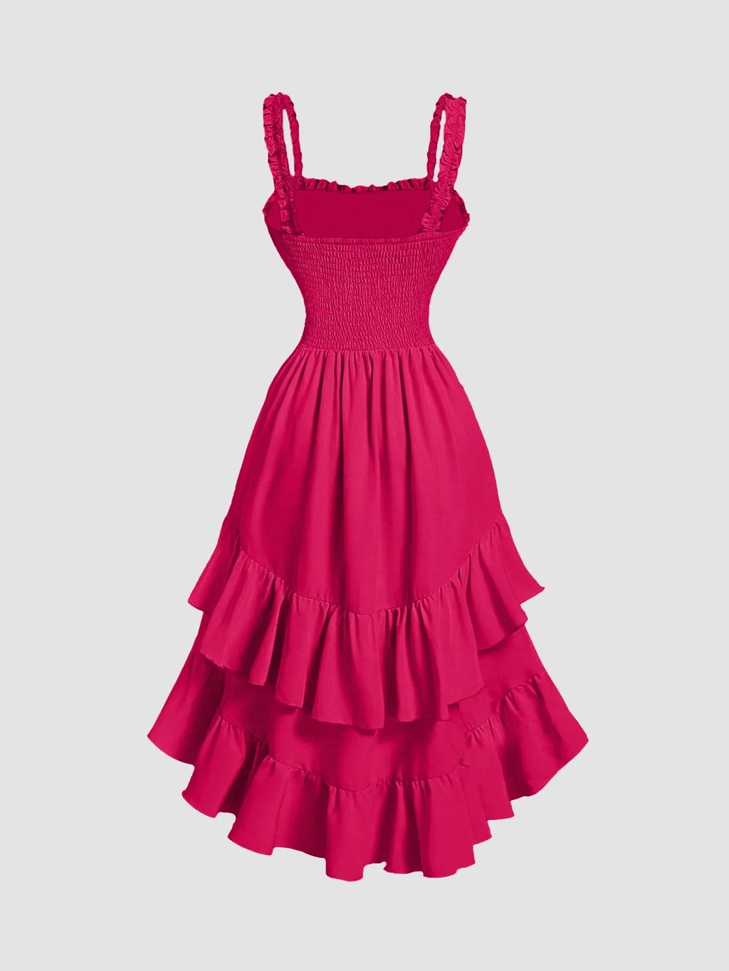 Pink Ruched Square Neck Ruffle High-Low Midi Dress with Ruffle Hem