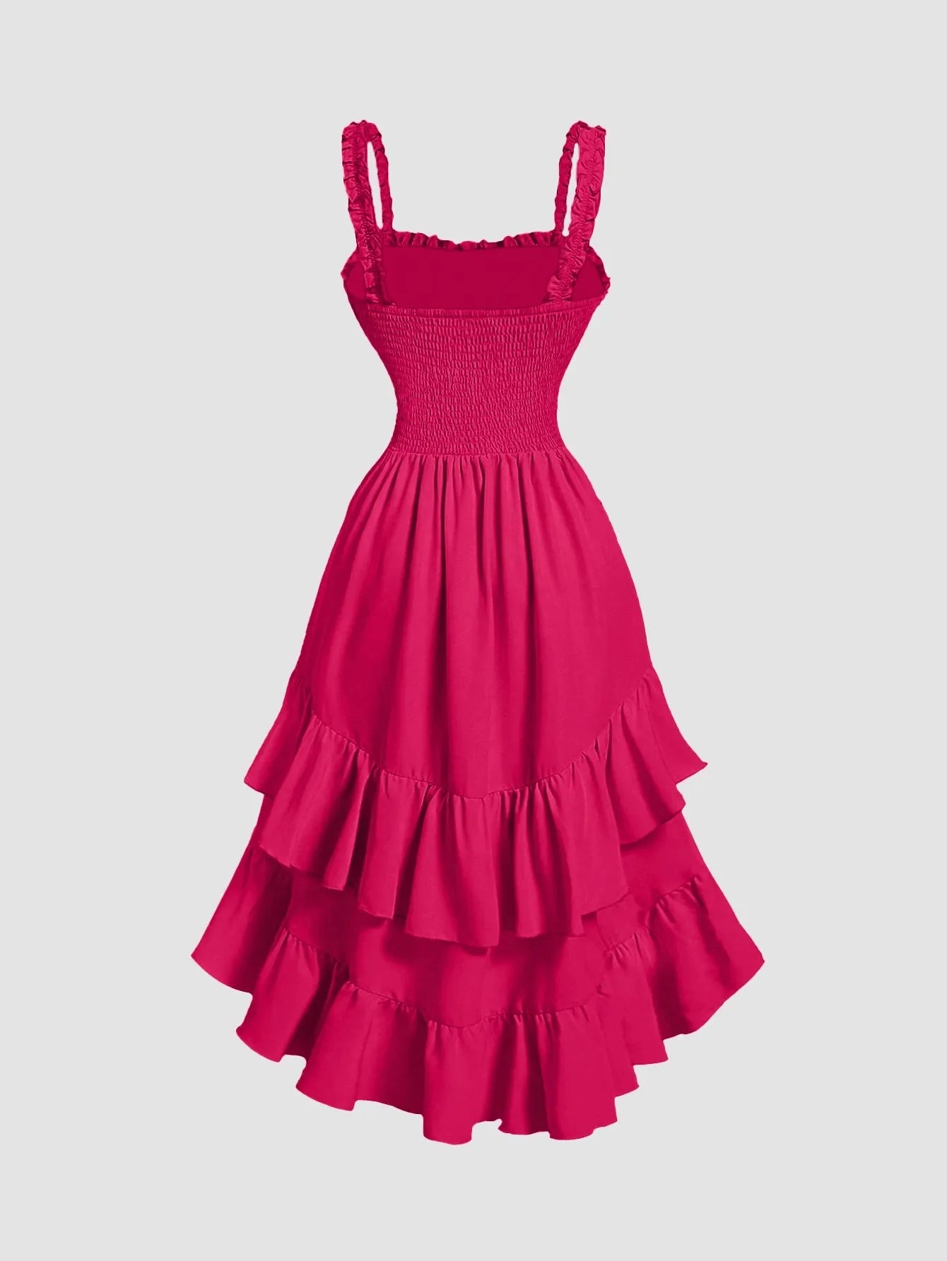 Pink Ruched Square Neck Ruffle High-Low Midi Dress with Ruffle Hem