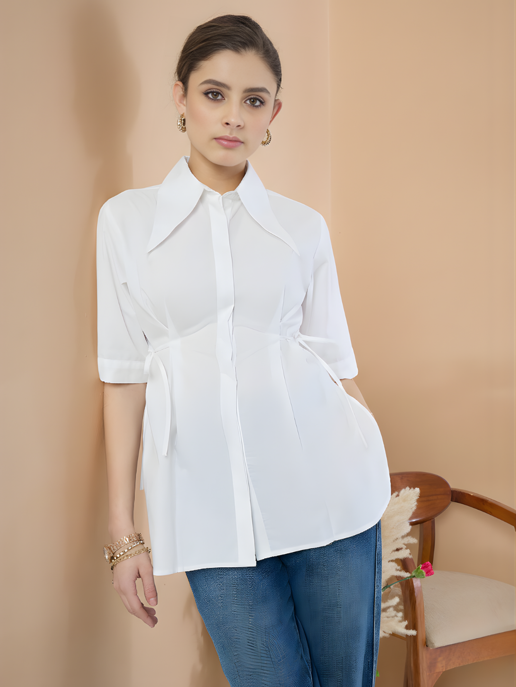 Pure Cotton Cinched Waist Collared Shirt