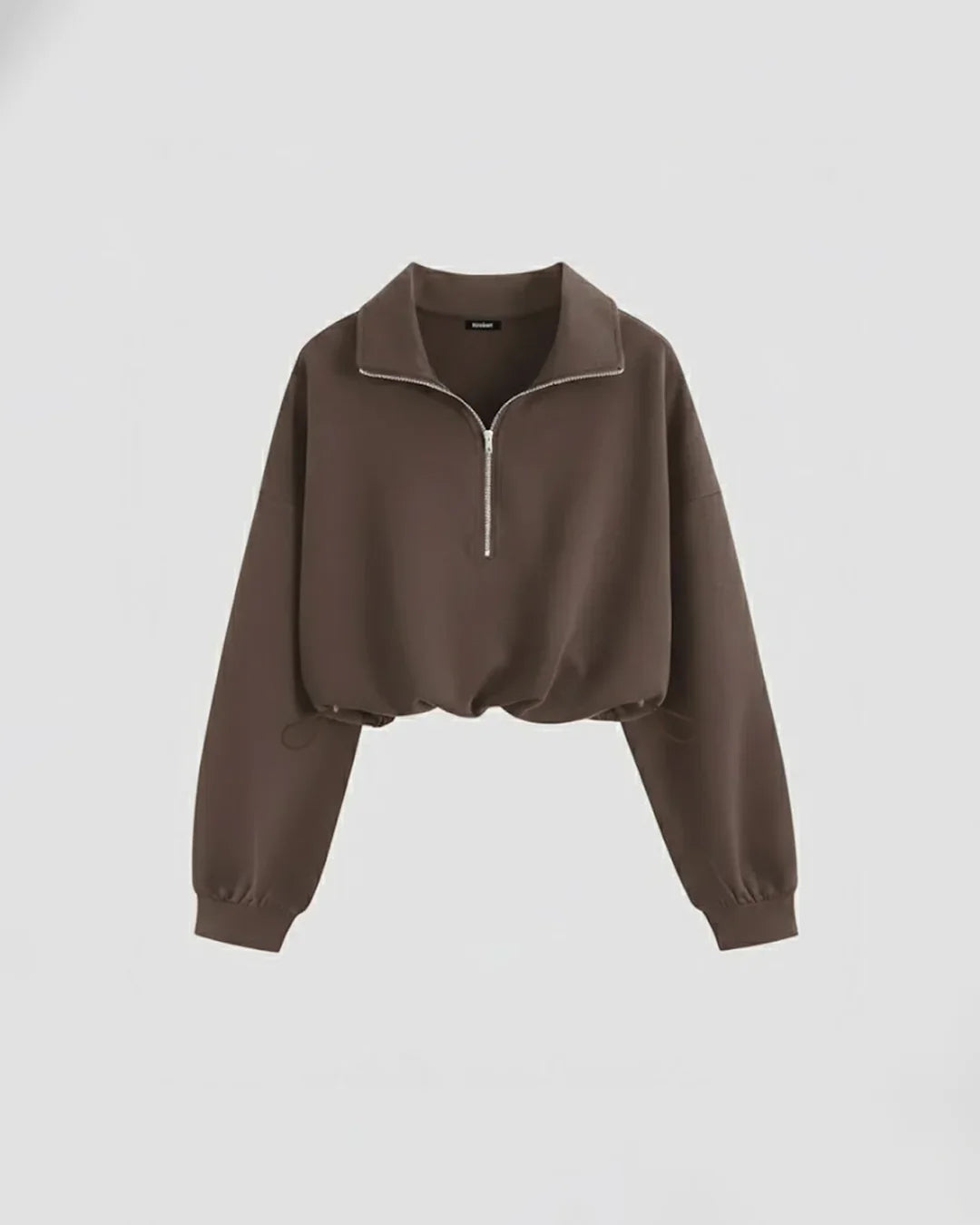 High Neck Loose-Fit Cropped Hem Solid Long Sleeve Hoodie in Chocolate