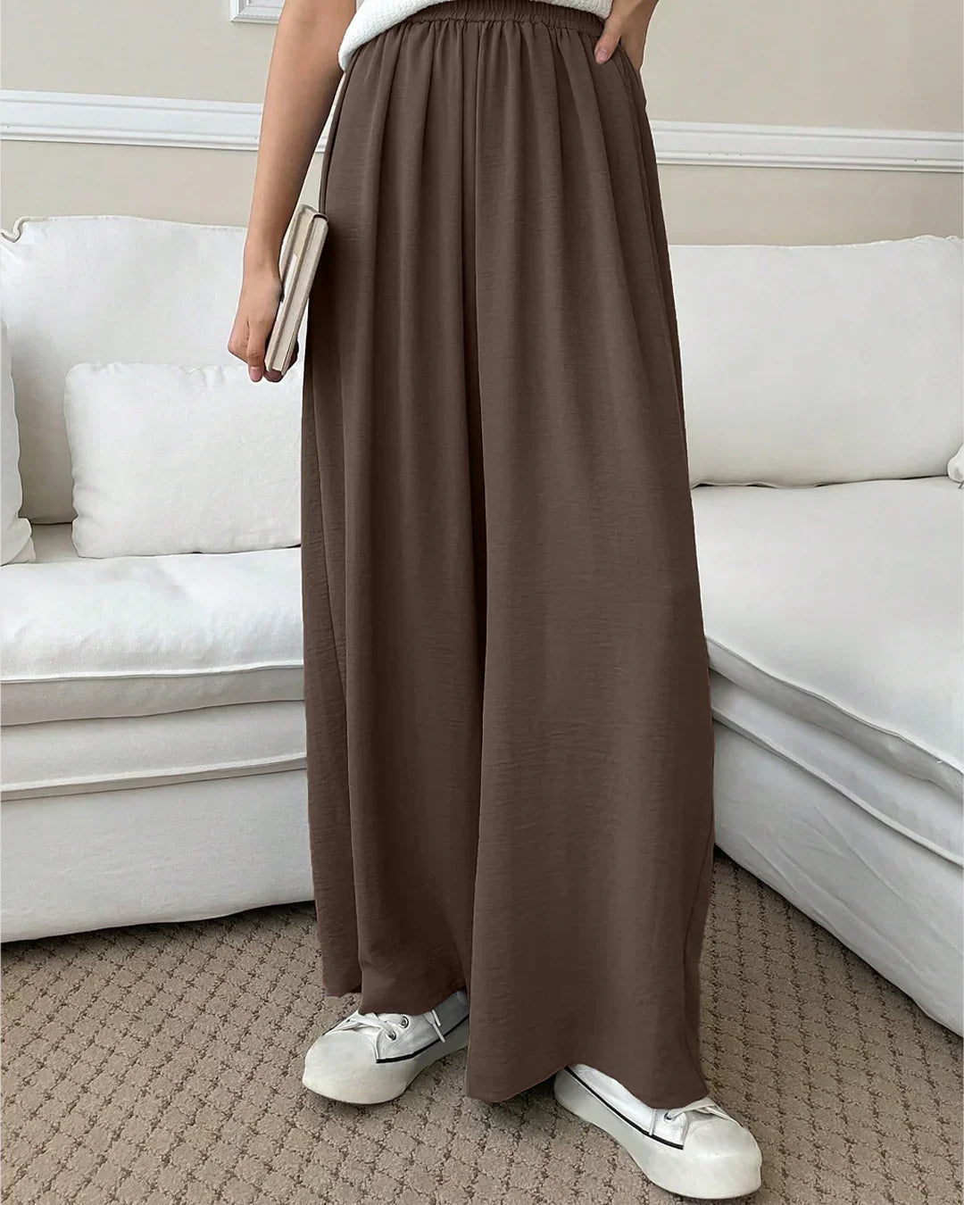 High-Rise Drawstring Wide Leg Pants in Chocolate