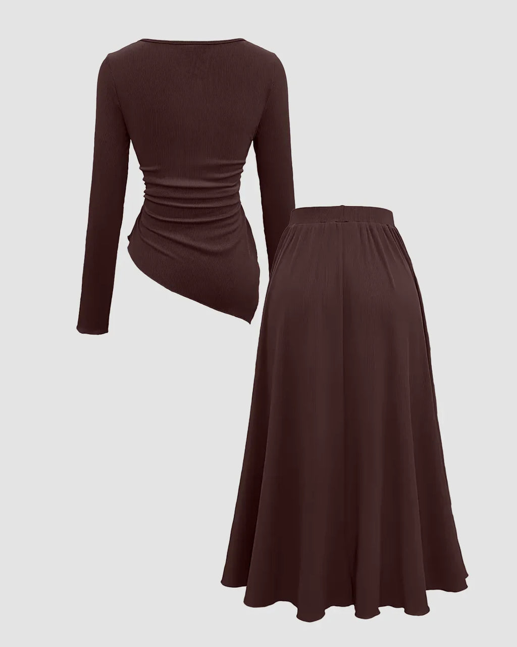 Brown Ribbed Asymmetrical Top & A-Line Skirt Two-Piece Set
