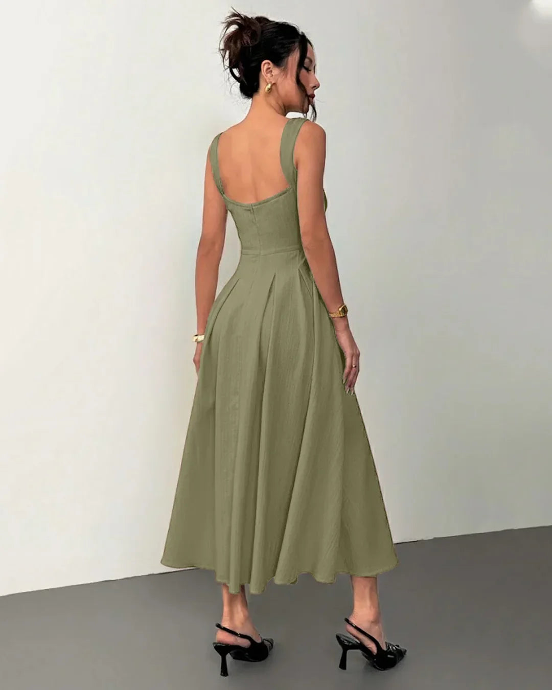 Herbal Square Neck Sleeveless A-Line Midi Dress