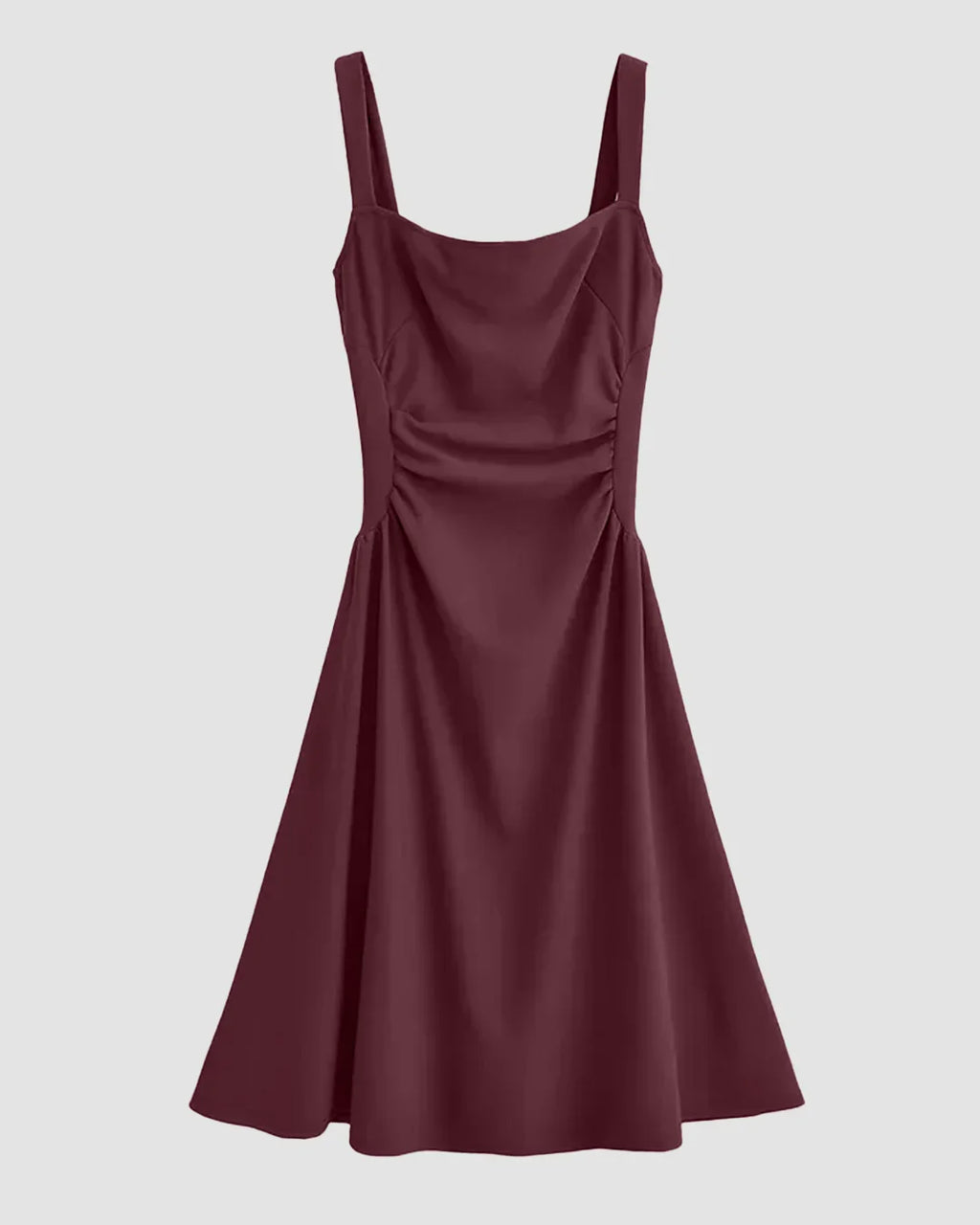 Spaghetti Strap Square-Neck Plain Ruched Midi Dress in Maroon