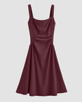 Spaghetti Strap Square-Neck Plain Ruched Midi Dress in Maroon