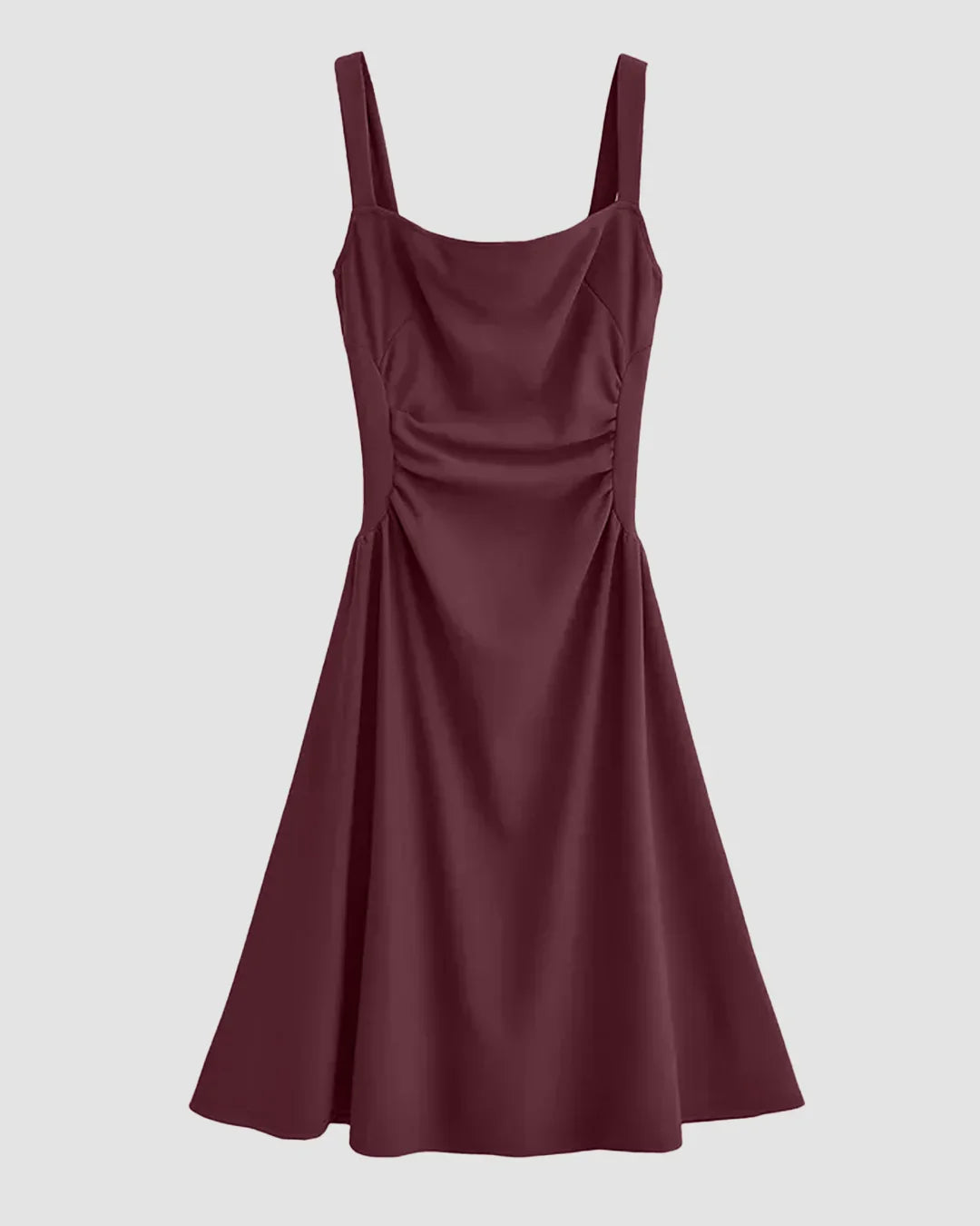 Spaghetti Strap Square-Neck Plain Ruched Midi Dress in Maroon