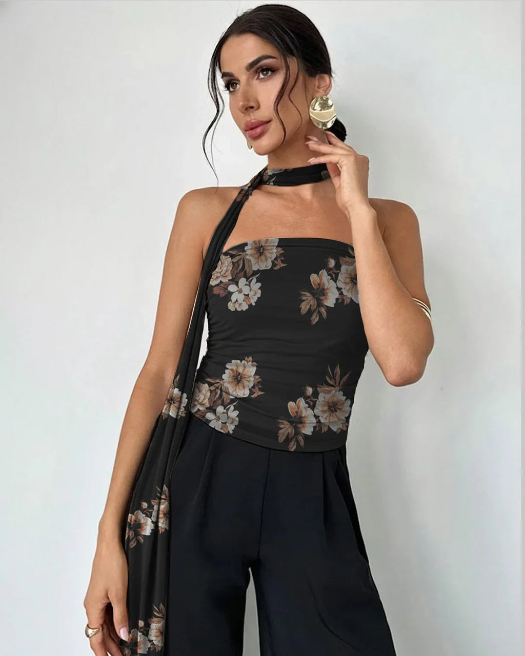 Black Floral Print Halter Tie Tube Top