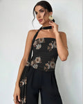 Black Floral Print Halter Tie Tube Top