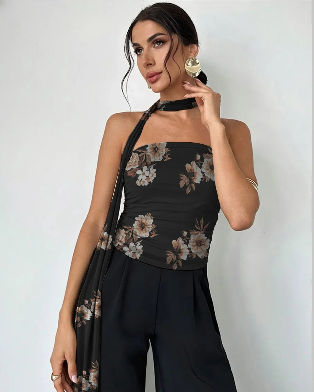 Black Floral Print Halter Tie Tube Top