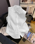 Sleeveless Button Down Collared Shirt in White
