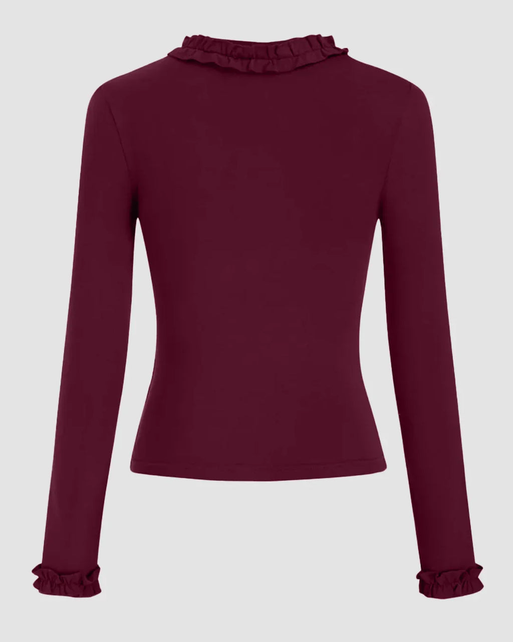 Round Neckline Long Sleeve Ruffle Trim Top in Burgundy