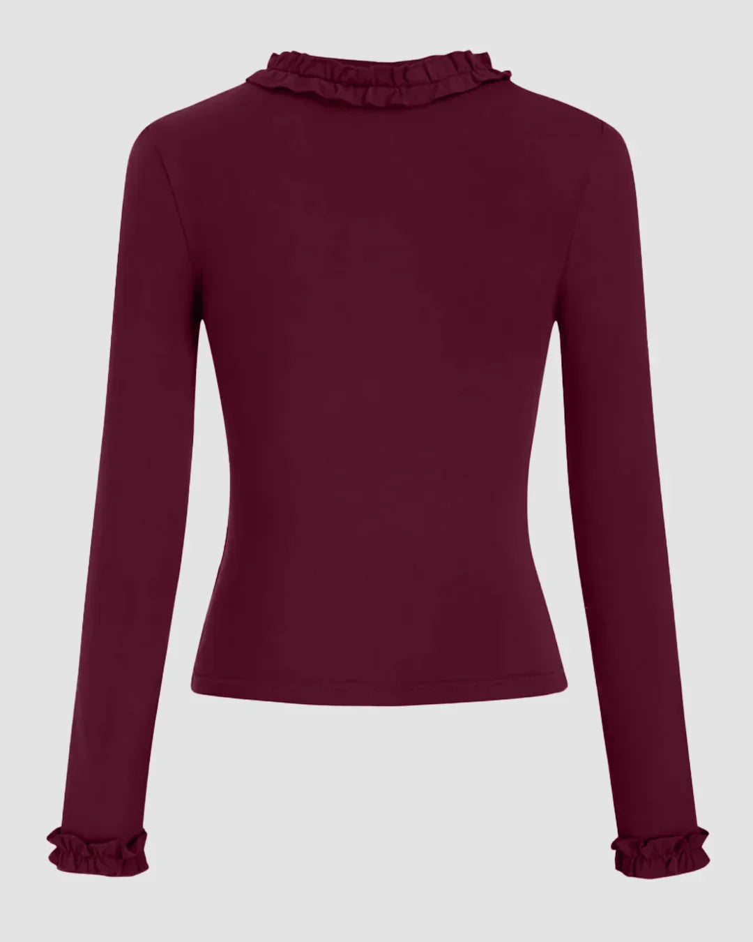 Round Neckline Long Sleeve Ruffle Trim Top in Burgundy