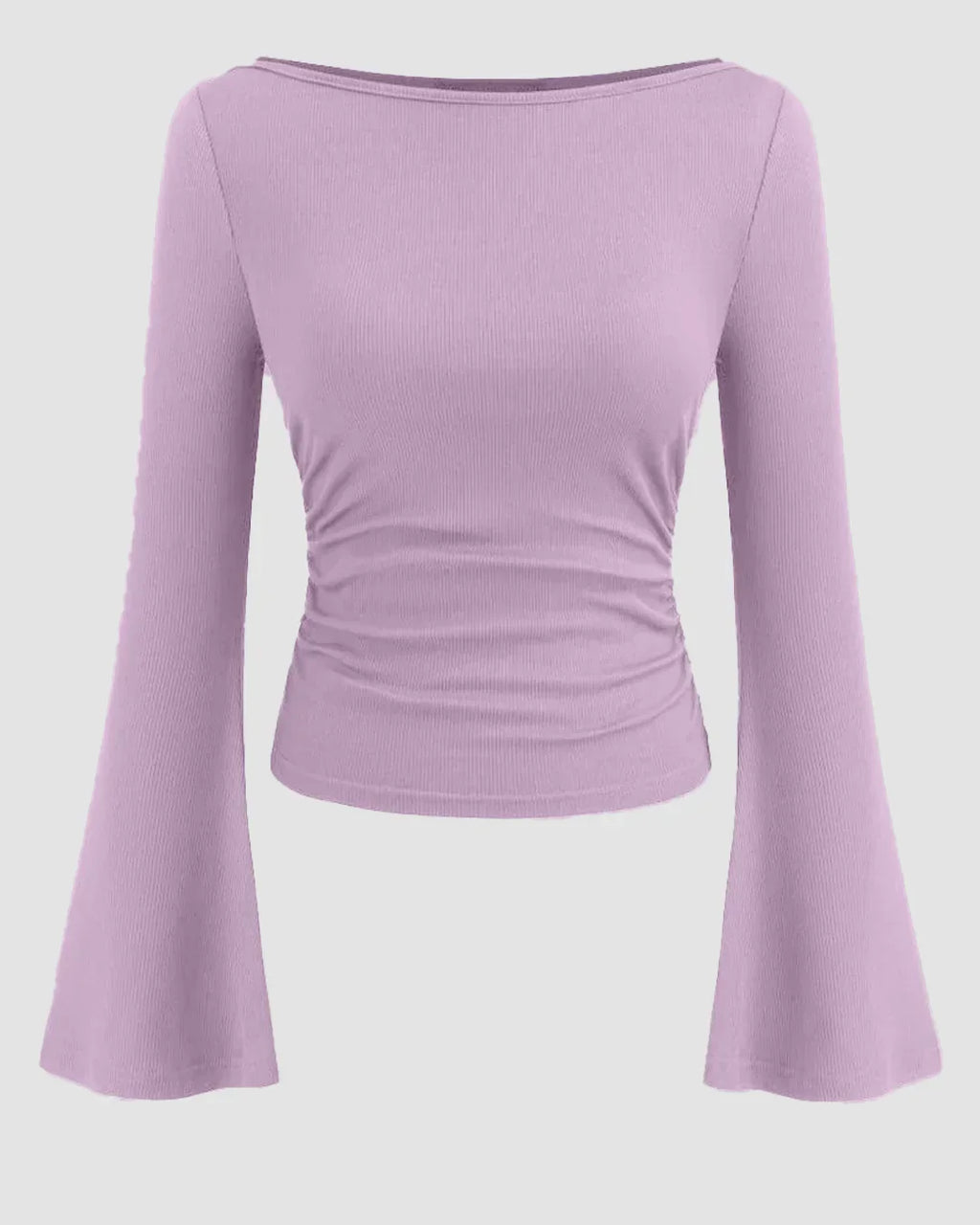 Boat Neck Solid Ruched Long Sleeve Top in Lilac