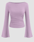 Boat Neck Solid Ruched Long Sleeve Top in Lilac