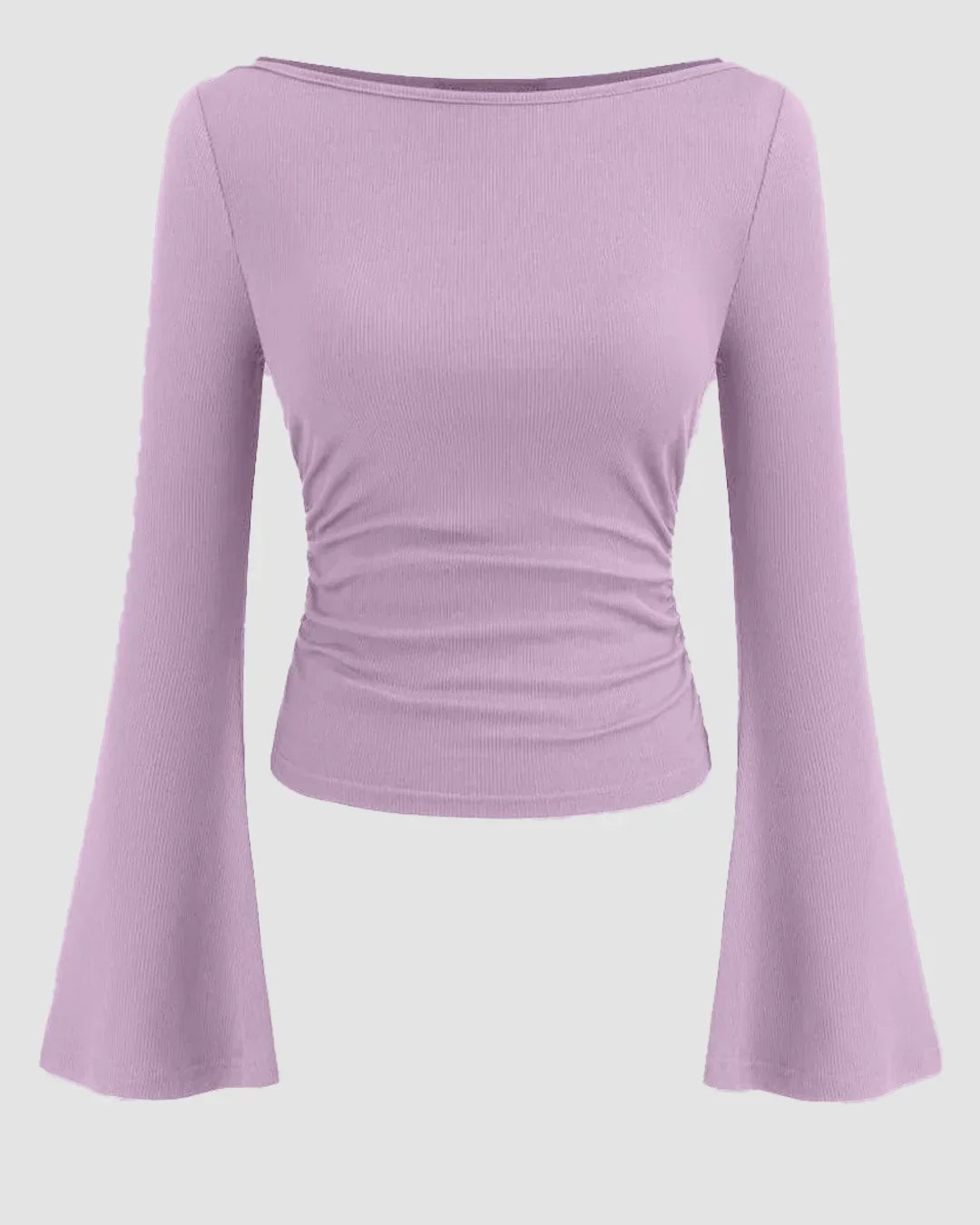 Boat Neck Solid Ruched Long Sleeve Top in Lilac