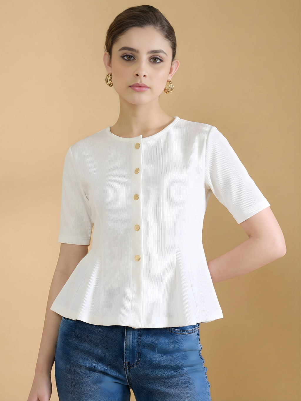 Stretchable Ribbed Flared Peplum Top - Pinkkup