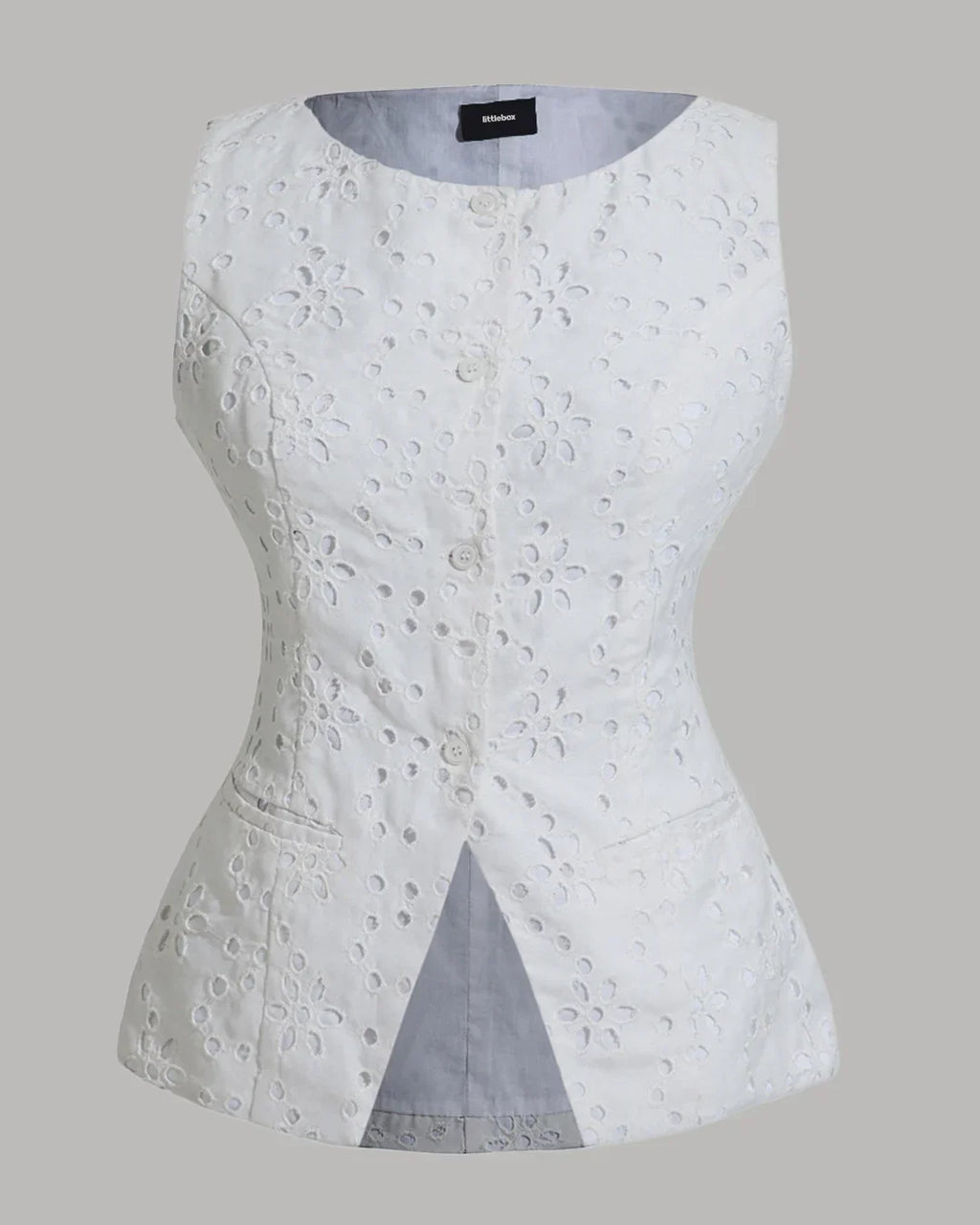 Printed Sleeveless Embroidered Eyelet Top