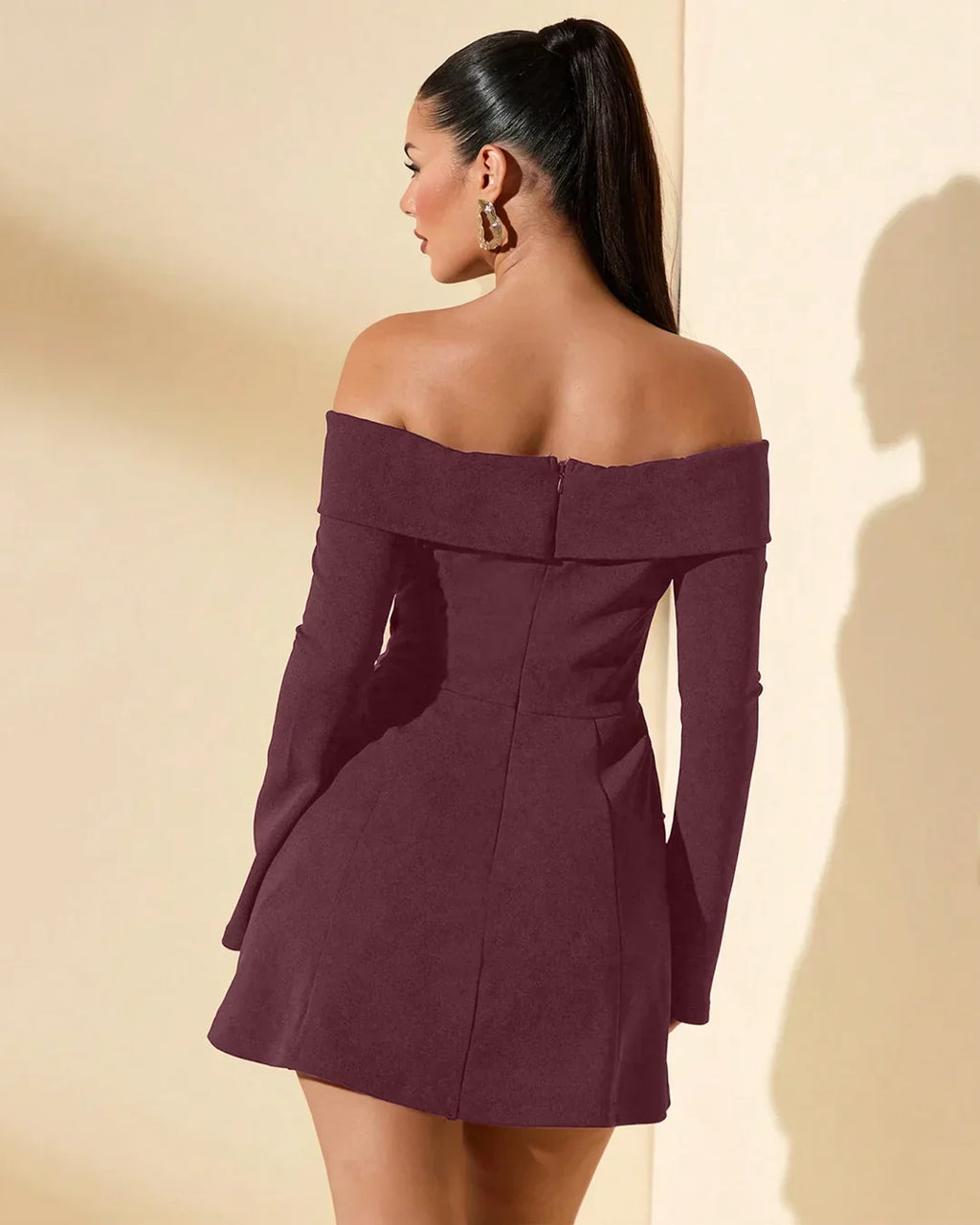 Off Shoulder Full Sleeves Mini Dress in Maroon