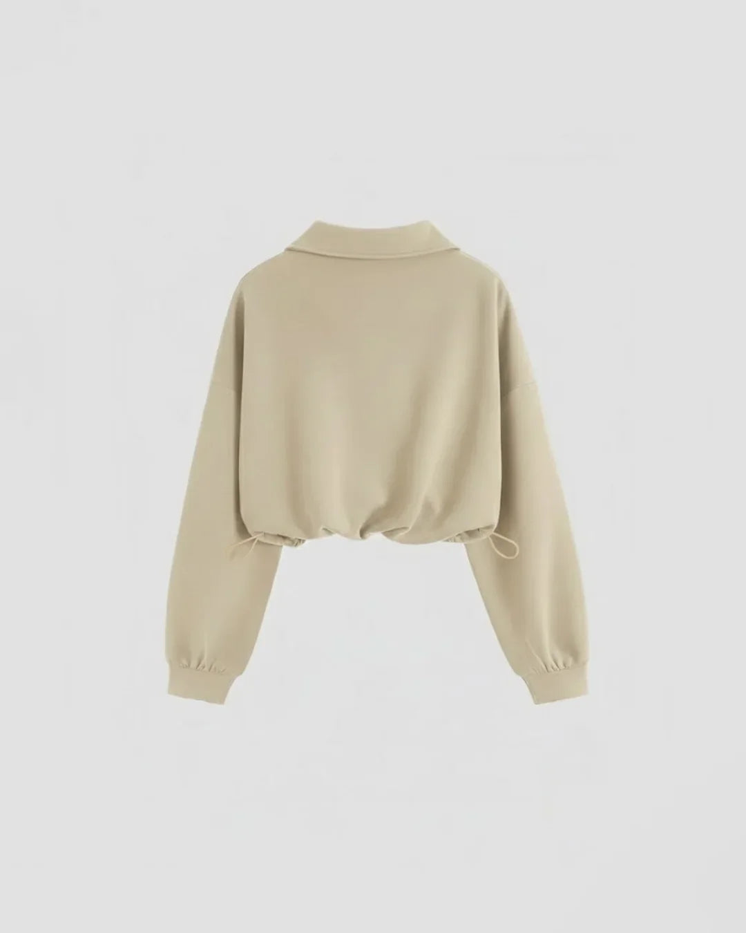 High Neck Loose-Fit Cropped Hem Solid Long Sleeve Hoodie in Beige