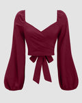 Sweetheart Neck Balloon Sleeve Back Tie Crop Top in Raspberry
