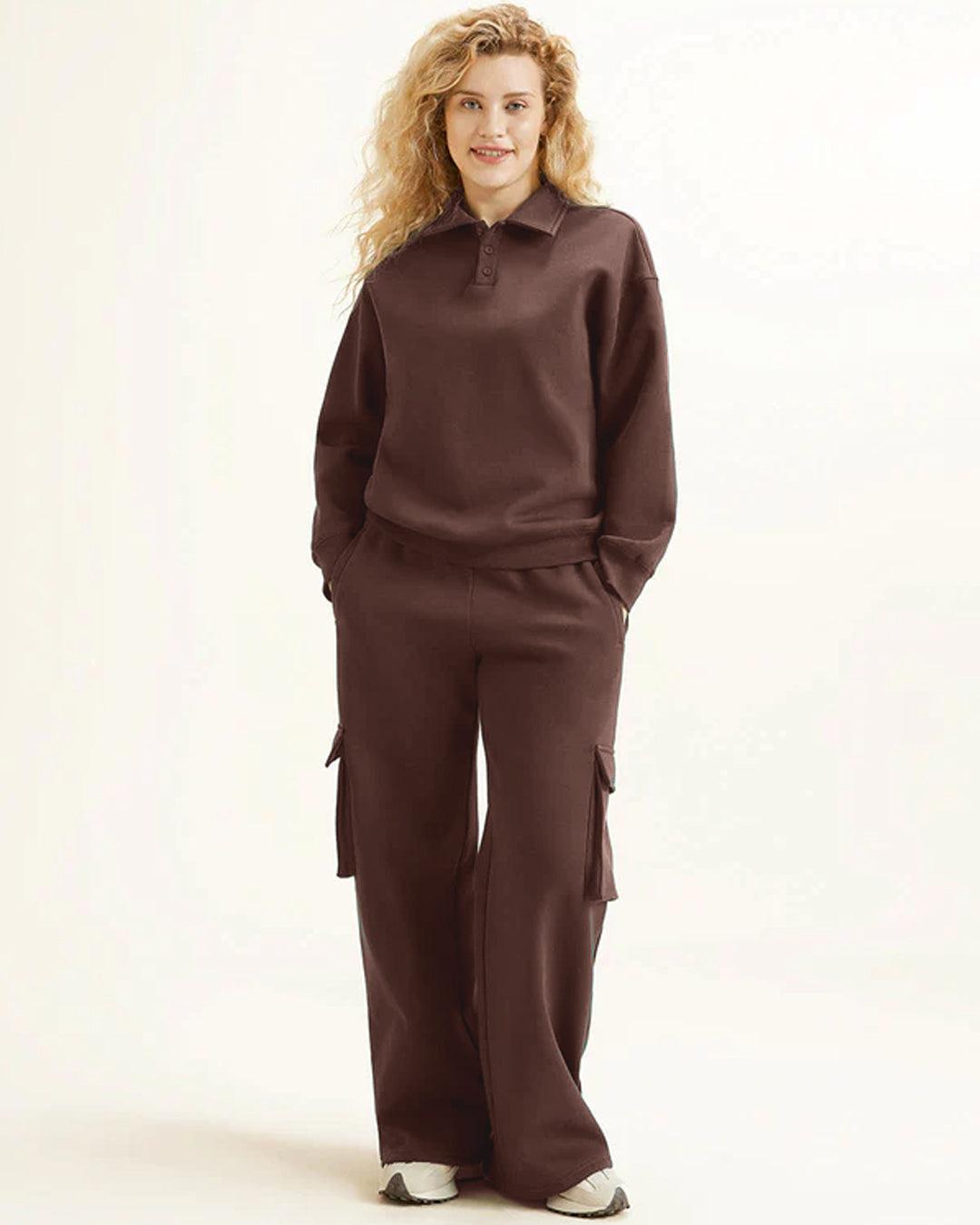 Polar Fleece Polo Sweatshirt & Elastic Waist Cargo Pants Two Piece Set Chocolate Brown