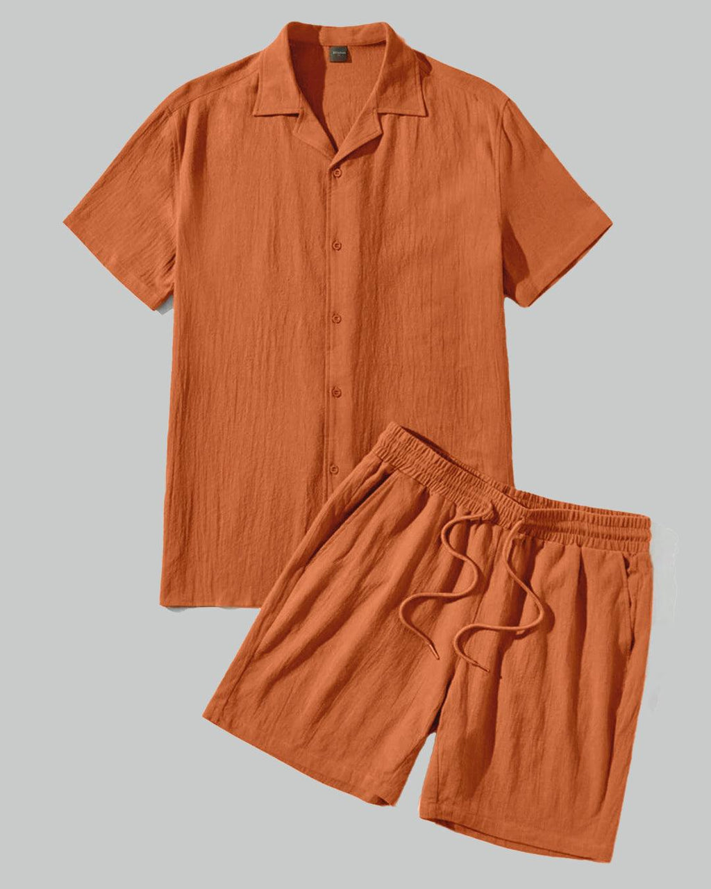Men Basic Rust Orange Shirt & Drawstring Waist Shorts Set