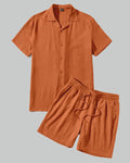 Men Basic Rust Orange Shirt & Drawstring Waist Shorts Set