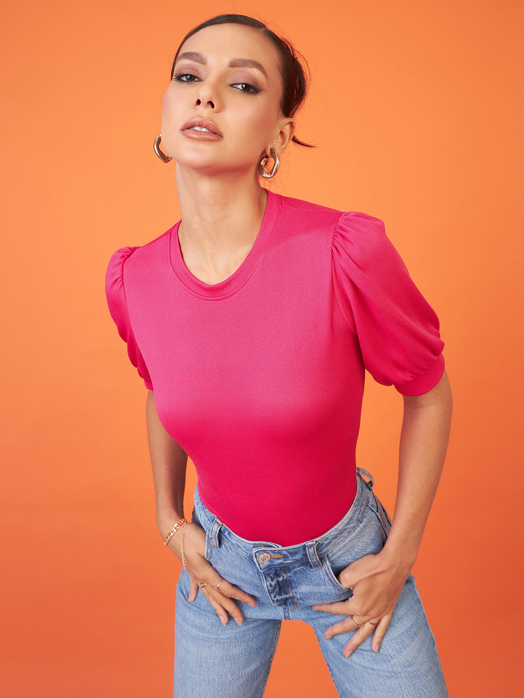 Cotton Solid Stretchable High Neck Puff Sleeve Top - Pinkkup