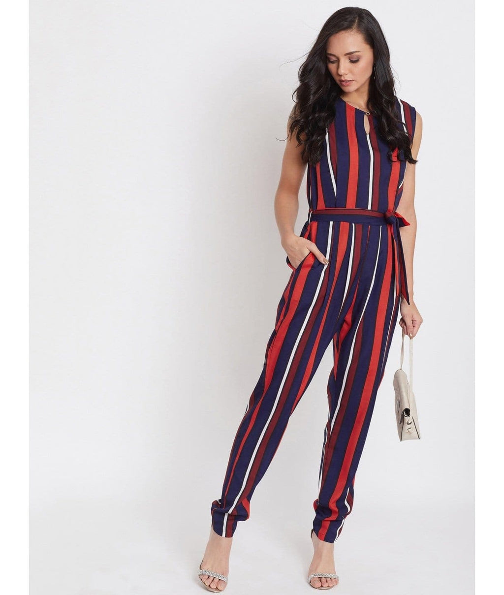 Striped Keyhole Jumpsuit with Belt