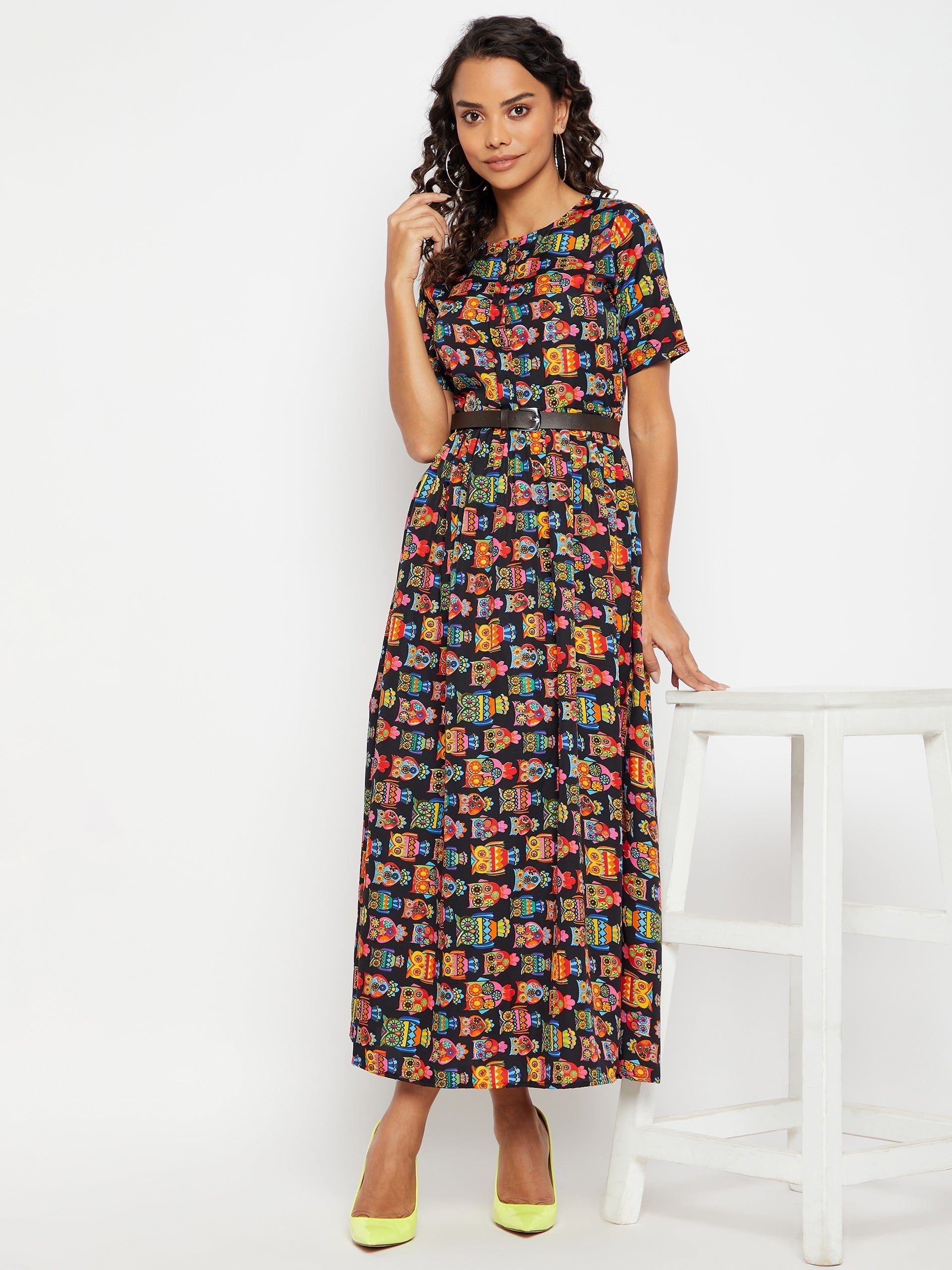 Printed Maxi Dress with Belt - Pinkkup