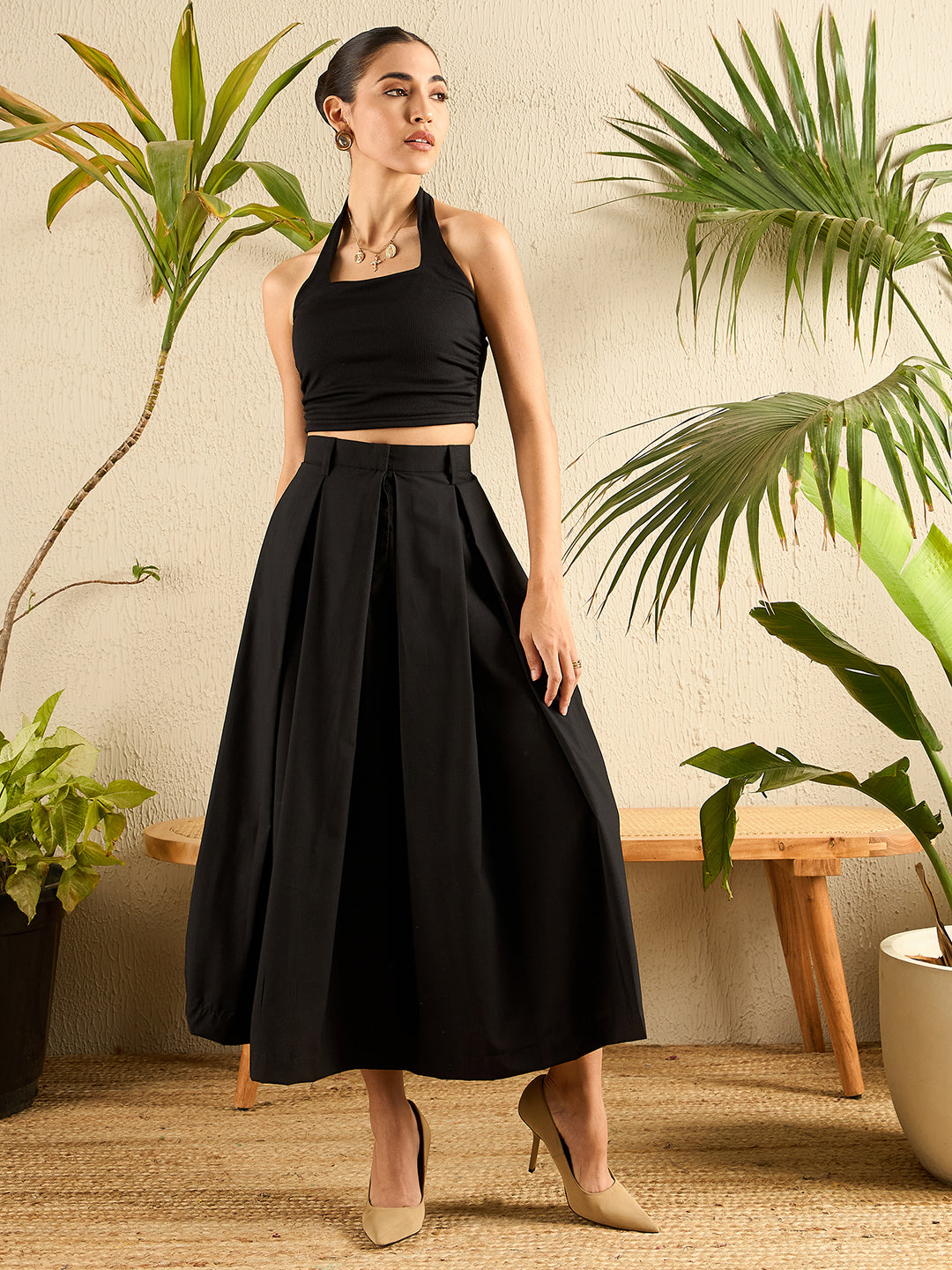 Box Pleated Linen Midi Skirt