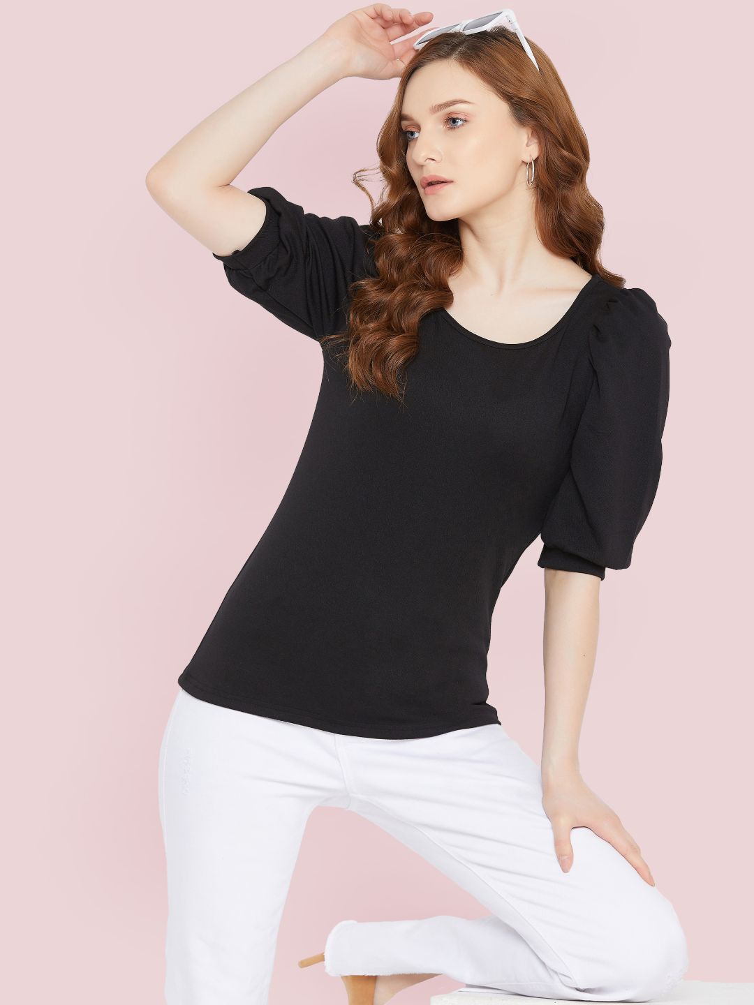 Cotton Solid Stretchable Round Neck Puff Sleeve Top - Pinkkup