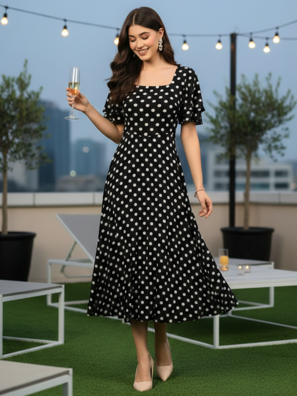 Stretchable Ruffled Sleeve Fit & Flare Dress - Pinkkup